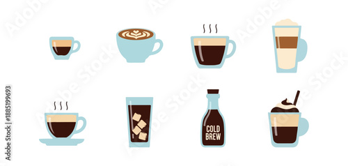 Variety of coffee drinks illustrated on black background