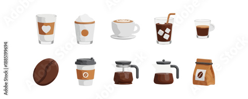Variety of coffee beverages and coffee beans illustration