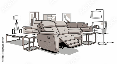 Interior sketch of a living room with sofas tables lamps and wall art.