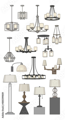 Various chandeliers and lamps are displayed against a white background in a grid.