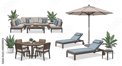 Outdoor furniture set includes sofa dining table chairs loungers and umbrella on white.