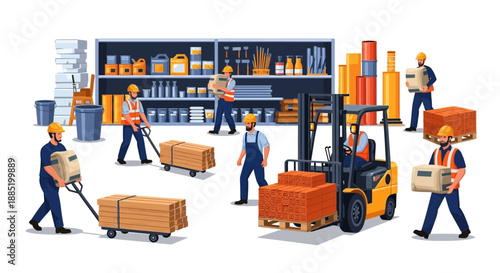 Warehouse workers move boxes using forklift and hand trucks in a storage area.