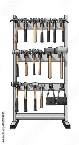 A rack holding multiple hammers with black handles and metal heads.