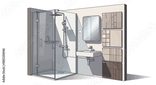 Shower stall sink mirror and storage unit displayed against a white background.