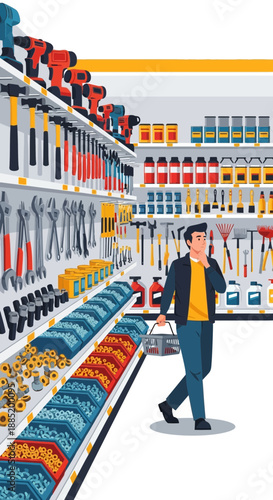 Man walks in supermarket aisle with shelves full of products vector illustration.