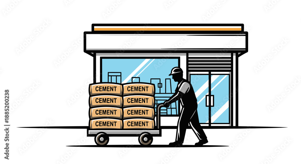 custom made wallpaper toronto digitalPerson pushing cart with cement bags in front of a building.