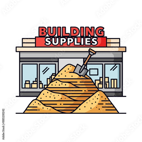 Wallpaper Mural Building supplies store with sand pile and shovel illustration against white background. Torontodigital.ca