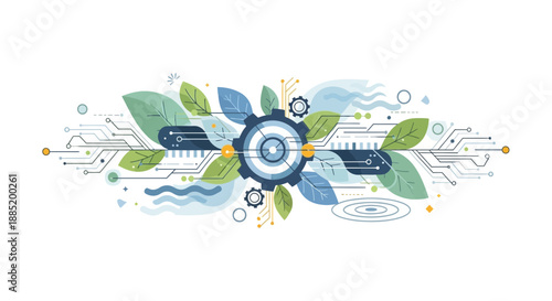 Eco friendly technology concept with gear leaves and circuit board elements on white background