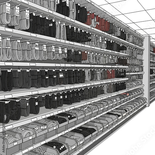 Shelves filled with various items in a store or warehouse setting.