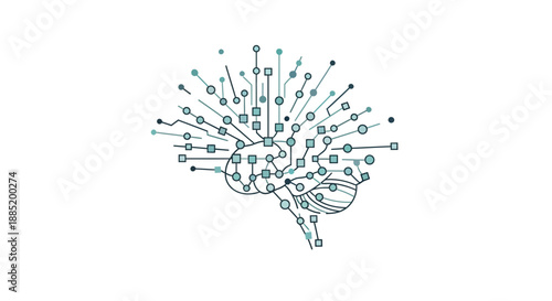 Brain with glowing circuit board connections and digital nodes on white background