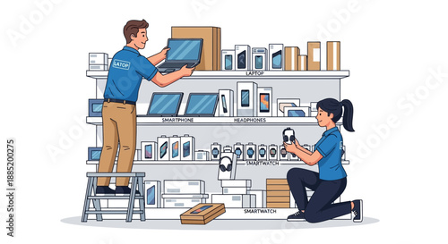 Two people stocking shelves with electronics in a store setting illustration.