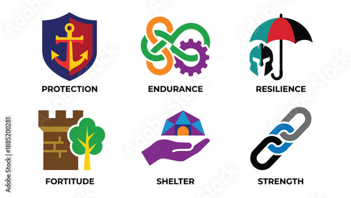 Conceptual Logos: Protection, Endurance, Resilience, Fortitude, Shelter, Strength