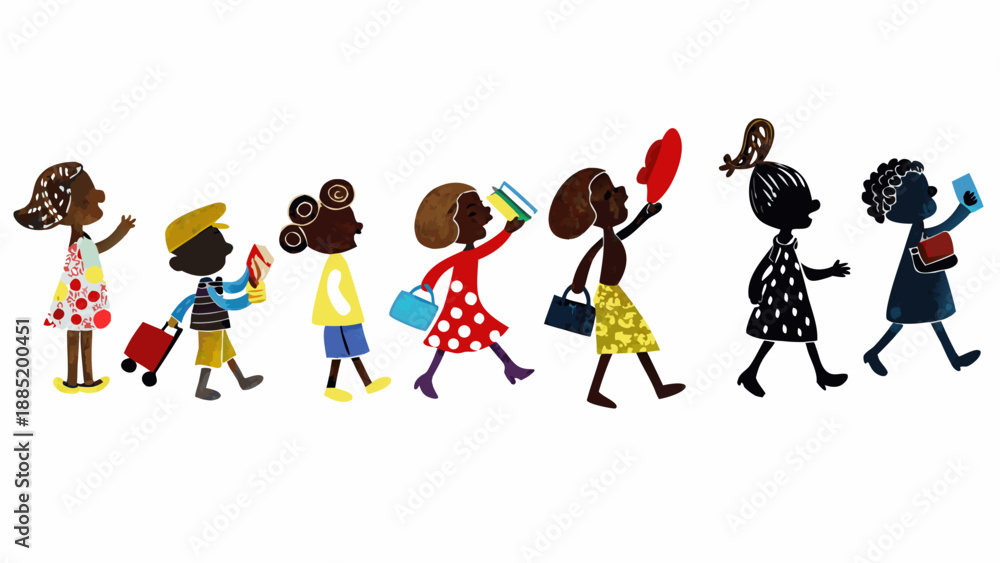 Fototapeta premium A colorful illustration of diverse children walking in a line carrying various items