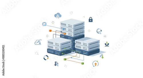 Servers connected with secure network and cloud storage icons
