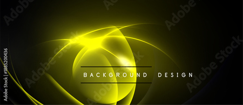 Abstract golden lines swirl over dark background. Bright center radiates light, creating dynamic visual effect. Text reads background design.