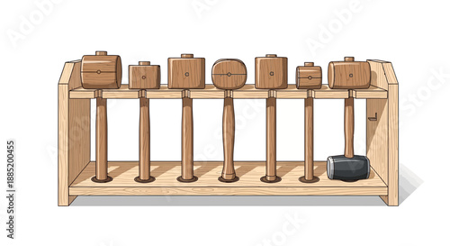 Wooden mallets and a rubber mallet in a wooden rack isolated on white.