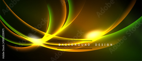 Abstract neon lines create dynamic energy. Bright yellow, green hues dominate dark background. Modern design element.