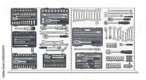 Assortment of tools organized on a white background showcasing various wrench and socket sets.