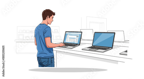 Man stands at a counter looking at laptops in a store or office.