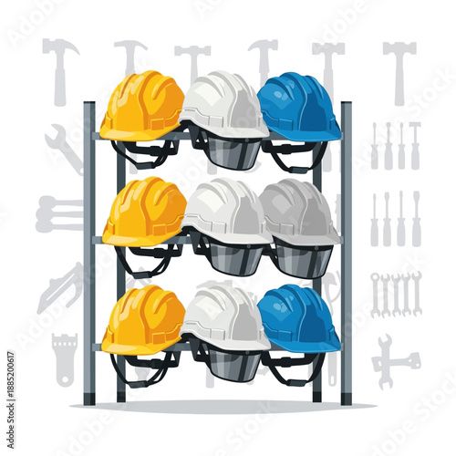 Hard hats on a rack in a workplace safety context illustration.