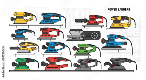 Many power sanders of different colors are displayed on shelves against white.