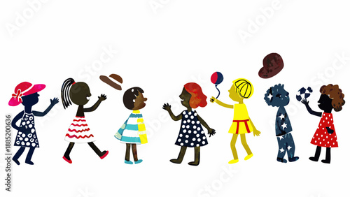 A colorful illustration of diverse children playing and having fun together in a lively scene