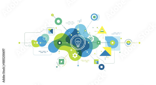 Innovative technology concept with light bulb and geometric shapes in blue and green