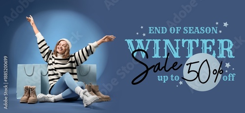 Banner for winter sale with happy young woman, shopping bags and stylish shoes