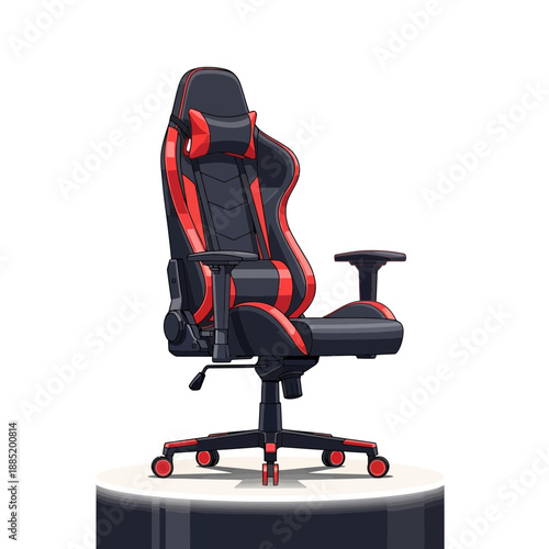 Black and red gaming chair with armrests on a white background.