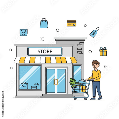 Man pushing shopping cart outside store with floating shopping related icons.