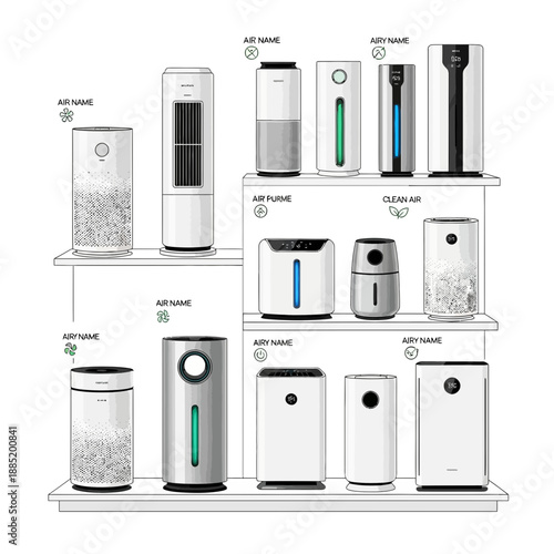 Several air purifiers are displayed on shelves against a white background.