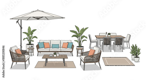 Outdoor furniture set including sofa chairs table umbrella and plants on white background.