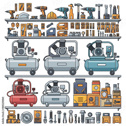 Shelves with air compressors tools and hardware in a workshop or garage.