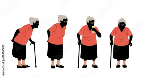 Elderly woman illustrations in various poses, depicting daily life, aging, senior lifestyle, with a walking stick and refreshing drink