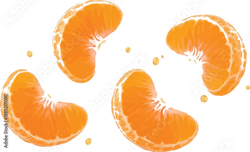 Four bright orange tangerine fruit segments appear to be floating or falling with small juice droplets isolated on a transparent background canvas