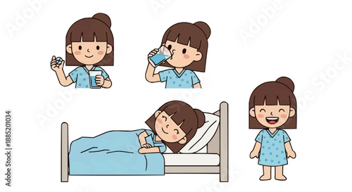 Vector cartoon set illustrating a young patient's journey through health and recovery, depicting various stages like medication, rest, and feeling better, ideal for pediatric healthcare and wellness c