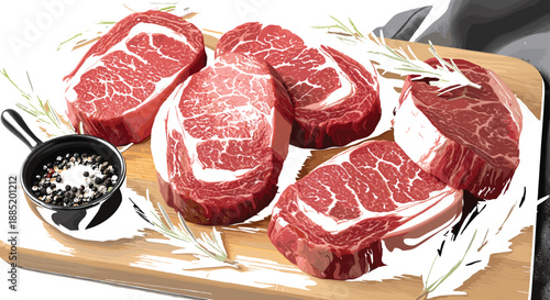 Fresh raw beef steaks on a wooden cutting board with rosemary and black peppercorns illustration.