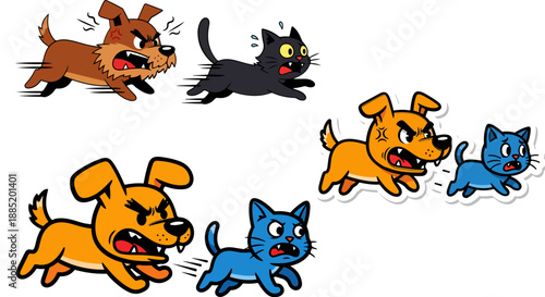 Cartoon aggressive dogs furiously chasing frightened small cats in separate animated conflict scenarios isolated on a stark black background illustrating playful pet rivalry.