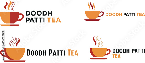 Four distinct logo variations for doodh patti tea featuring a steaming cup icon and modern typography displayed against a black background