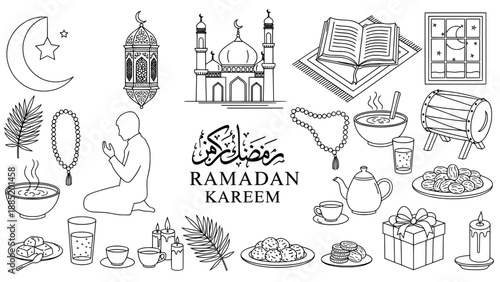 Ramadan islamic celebration lineart icon set