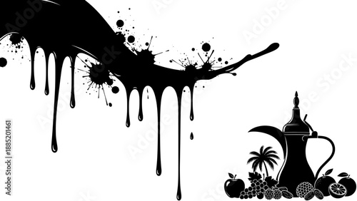 Dallah with ink splash and arabic fruits