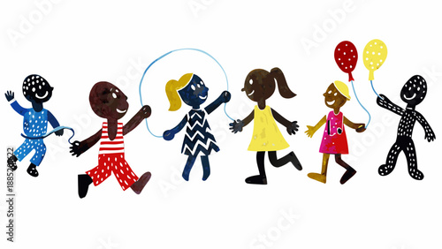 A colorful illustration of diverse children playing together with joy and friendship