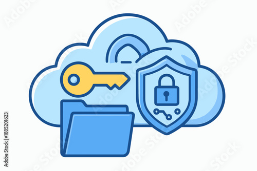 Cloud Security Illustration with Key Folder and Shield for Data Protection.