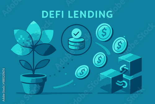 DeFi Lending Illustration Flower Growth and Financial Cubes.