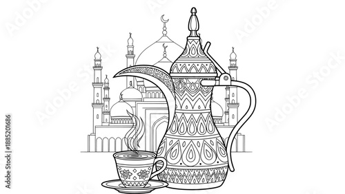 Dallah and arabic coffee cup with mosque background