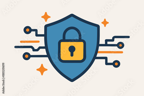 Digital Security Shield with Lock and Circuit Board Design.