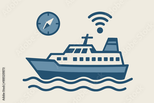 Modern Ferry Boat Icon with Compass and WiFi Symbol.