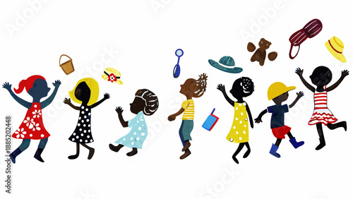 A colorful illustration of happy children playing and dancing with toys and accessories