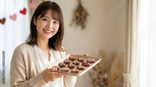 バレンタインデーのチョコを大事に持つ若い女性