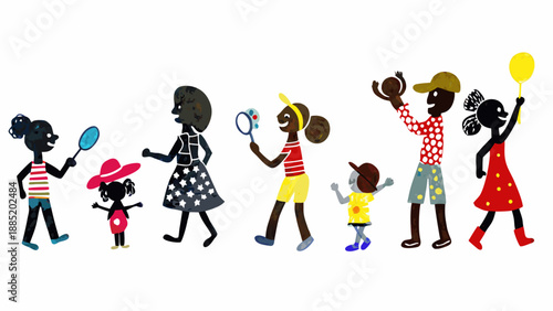 A colorful vector illustration of a diverse group of happy children and adults walking together in a line, each holding a different playful object.